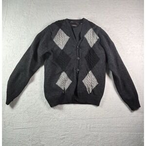 Perry Ellis Mens Cardigan Size Small Black Grey Diamond Merino Wool Sweater